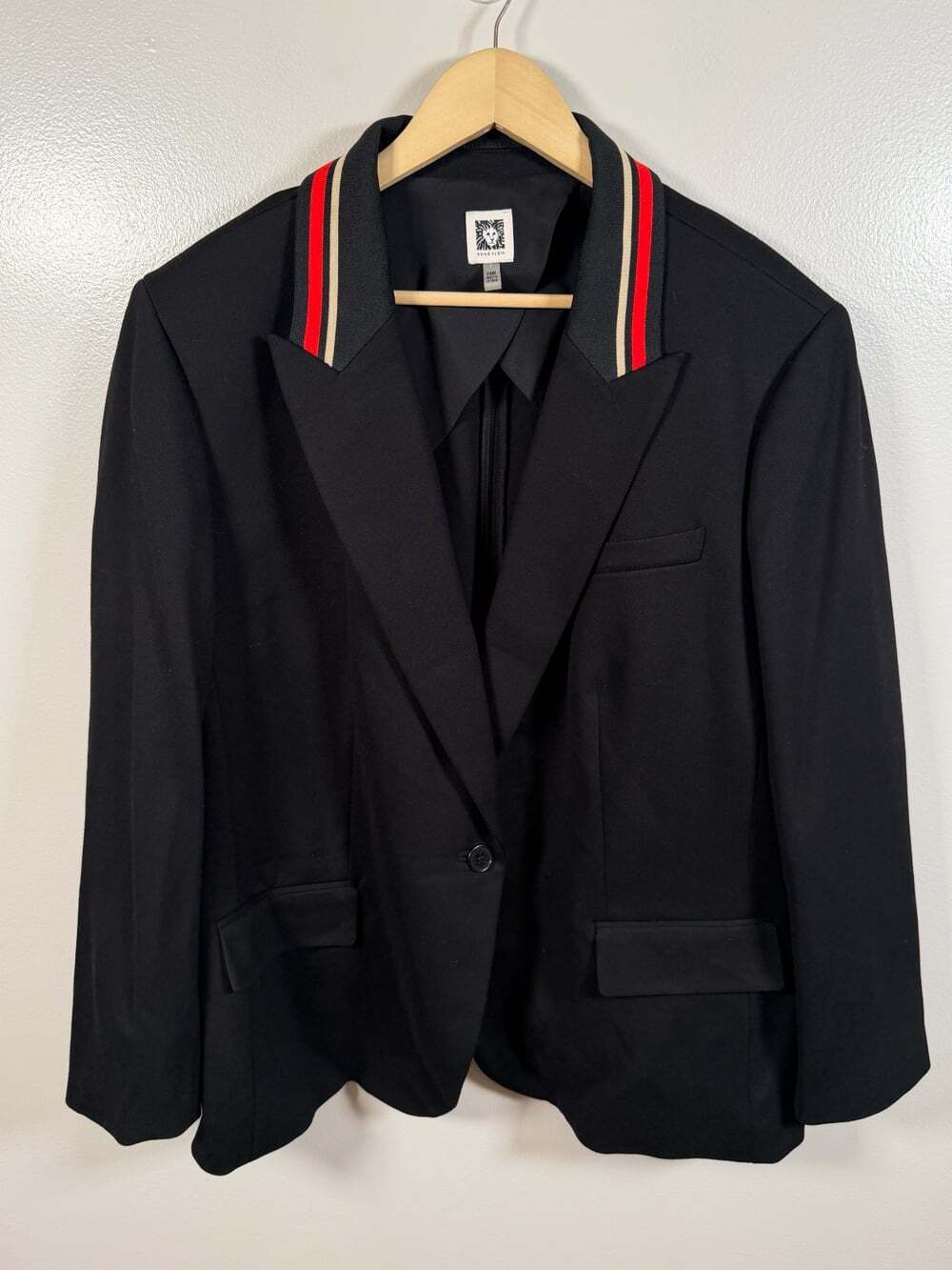 Anne Klein Black Stripe Collar Open Front Blazer Jacket 24W Tailored Varsity